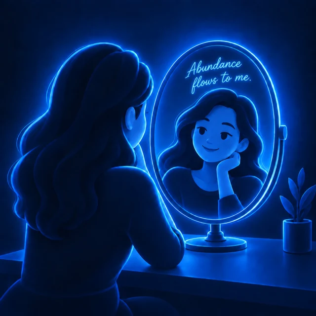 Woman at a mirror: Abundance flows to me.